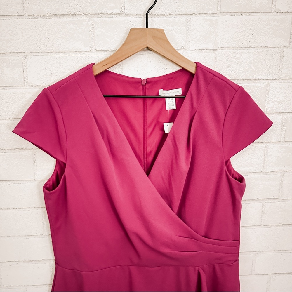 LONDON TIMES Pink Faux Wrap Ruffle Cap Sleeve Dress - Picture 2 of 11